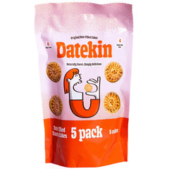 Datekin 5-pack date snack cakes packaging with a pink and red design.