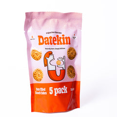 Datekin 5-pack date snack cakes packaging on a white background side view.