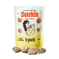 Packaging of Datekin sesame snack balls Scattered date balls with illustration on a white background