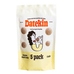 Datekin sesame snack balls packaging with cartoon illustration on a white background