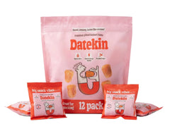 Datekin snack packaging with 30g packs on a white background
