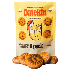 Packaging of Datekin wheat and bran date cakes with cakes displayed on a white background