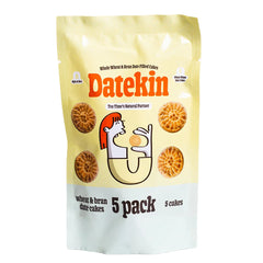 Datekin 5-pack of whole wheat and bran date cakes on a white background