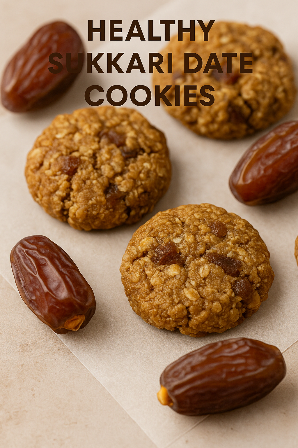 Close-up of golden-brown Sukkari date cookies with whole dates on a neutral background