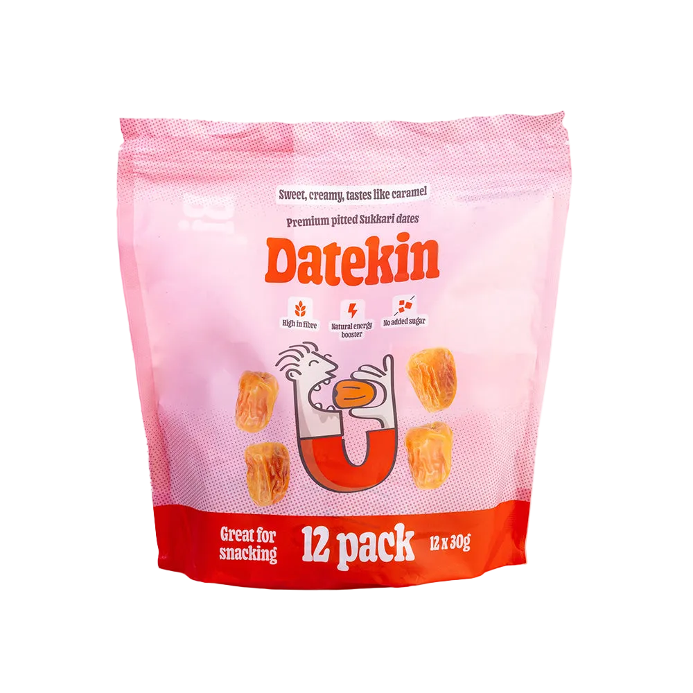 Datekin Sukkari Dates Family Bag (12 x 30g Packs) – Premium Soft Golden Dates | Healthy on-the-go Snacks | 100% Natural Superfood