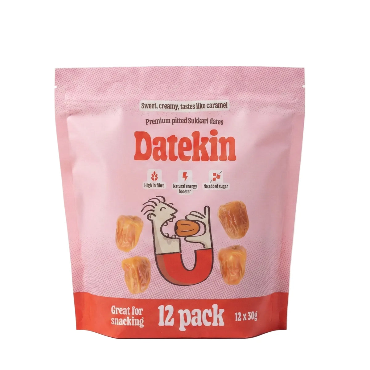 Pink and red Datekin snack package on a white background