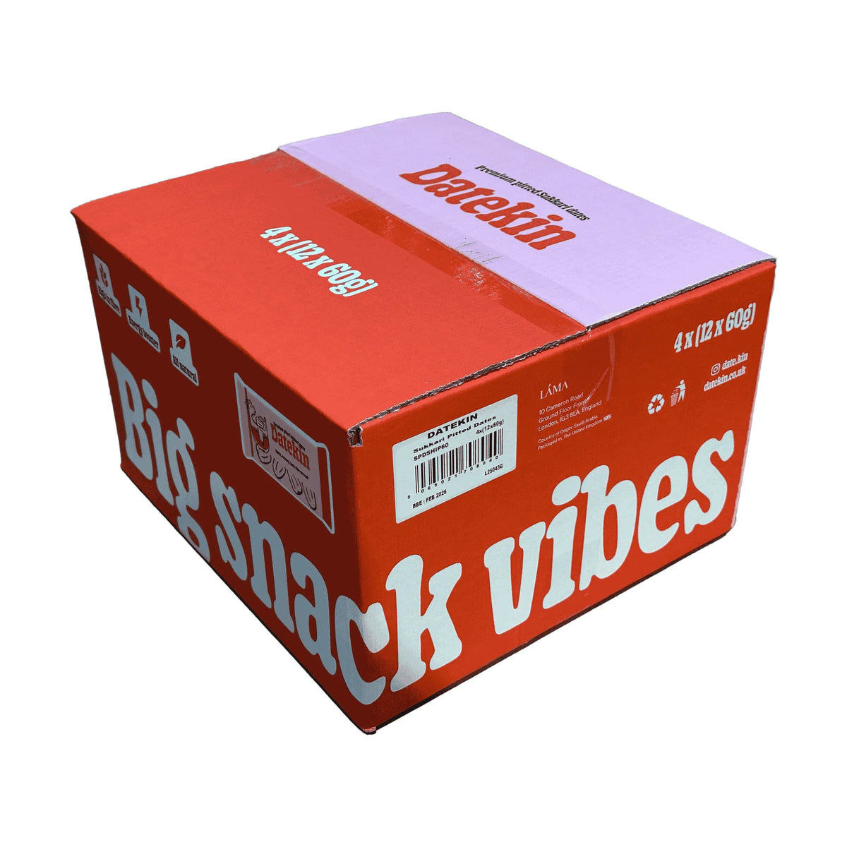 A Datekin box labeled "snack vibes" displayed on a white background, showcasing a variety of snacks inside.